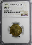 French West Africa Aluminum-Bronze 1944-L 1 Franc NGC MS63 Laureate Head KM# 2