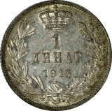 Serbia  Peter I (1903-1918) Silver 1915 1 Dinar Mint Luster Toned KM# 25.1 (388)