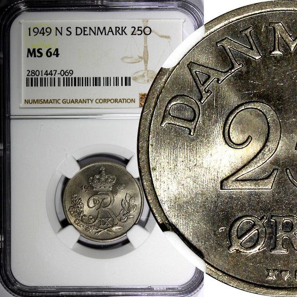 Denmark Frederik IX 1949 N S 25 Ore NGC MS64 Crowned Monogram KM# 842.1 (069)