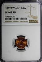 SWEDEN Oscar I Copper 1849 1/6 Skilling Mintage-536,544 NGC MS64 RB KM# 656 (07)