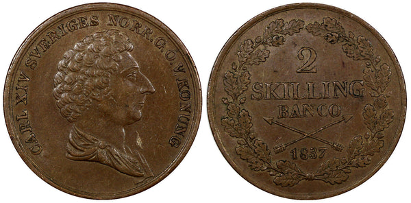 Sweden Carl XIV Johan Copper 1837 2 Skilling Mintage-388,000 XF KM# 643 (20 851)