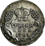 Russia Catherine II Silver 1764 10 Kopeks Mintage-340,000 SCARCE C# 61.1(18 769)