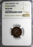 SWEDEN Carl XIV Johan Copper 1832 1/6 Skilling NGC MS62 BN PLAIN BORDER KM# 634