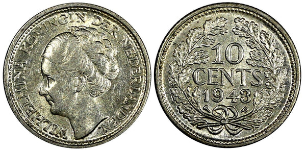 Netherlands Wilhelmina Silver 1943 P 10 Cents acorn privy mark aUNC KM# 163 (65)