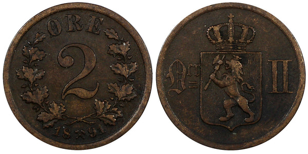 NORWAY Oscar II Bronze 1891 2 Ore Lion  KM# 353 (20 844)