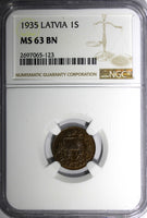 Latvia Bronze 1935 1 Santims NGC MS63 BN Struck at Switzerland.Last Date KM1(3)