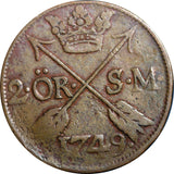 SWEDEN COPPER  Frederick I 1749 2 Ore, S.M. Struck at Avesta Mint . KM# 437