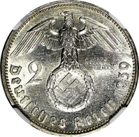 GERMANY-Third Reich Silver 1939 A 2 Reichs Mark NGC MS63 Hindenburg KM# 93 (028)