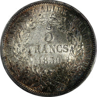 France Silver 1850 A 5 Francs Paris Mint aUNC Nice Toned 37mm KM# 761.1 (469)