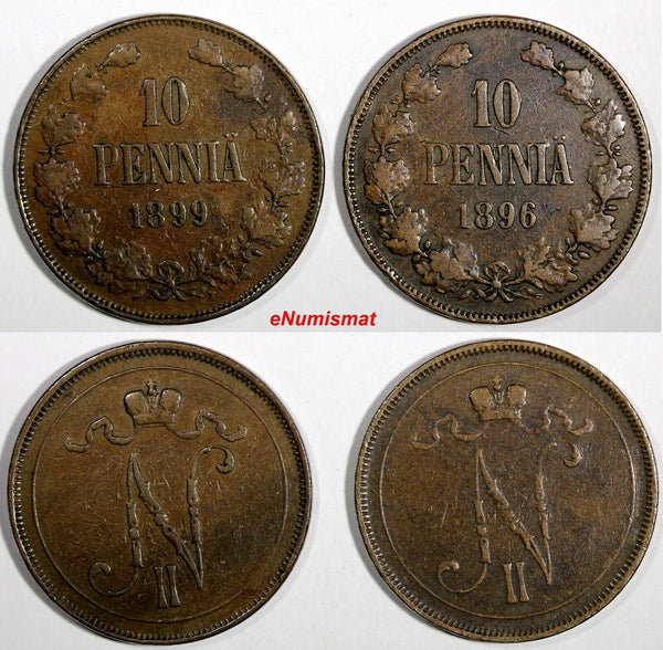 FINLAND Nicholas II Copper LOT OF 2 COINS 1896,1899 10 Penniä KM# 14 (14 797)