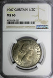 Great Britain Elizabeth II Copper-Nickel 1967 1/2 Crown NGC MS63 KM# 907 (057)