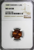 SWEDEN Oscar I Copper 1849 1/6 Skilling Mintage-536,544 NGC MS64 RB KM# 656