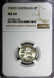 Australia George VI Silver 1942-D 6 Pence Sixpence NGC MS64 KM# 38 (034)