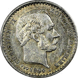 DENMARK Christian IX Silver 1894 VBP 10 Øre 1st Date Type.RARE DATE KM# 795.2(3)