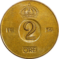 Sweden Gustaf VI Bronze 1956 TS 2 Ore GEM BU Toned KM# 821 (21 958)