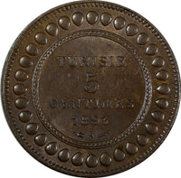 Tunisia Ali III Bronze AH1310//1893 A 5 Centimes BETTER DATE UNC KM# 221 (629)