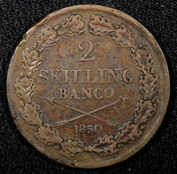 Sweden Oscar I Copper 1850 2 Skilling Banco 33.5 mm Mintage-81,000 KM#664 (563)