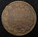 Sweden Oscar I Copper 1850 2 Skilling Banco 33.5 mm Mintage-81,000 KM#664 (563)