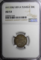 Tunisia Ali III Silver 1309(1891) A 50 Centimes 1st Year Type NGC AU53 KM#223(3)