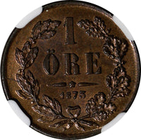 SWEDEN Oscar II (1872-1907) Bronze 1873 L.A. 1 Ore NGC MS64 BN KM# 728