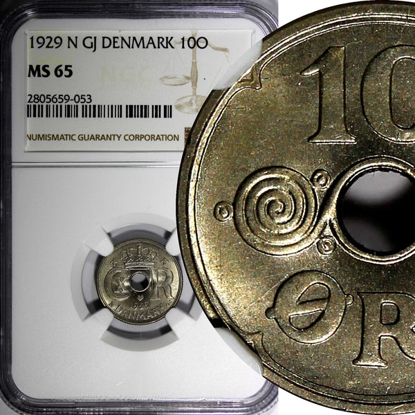 Denmark Christian X 1929 N GJ 10 Ore NGC MS65 TOP GRADED BY NGC KM# 822.2 (53)