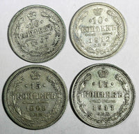 RUSSIA Nicholas II Silver LOT OF 4 COINS 1907-1912 10 Kopecks,15 Kopecks