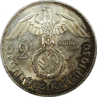 Germany - Third Reich Silver 1939 A 2 Reichs Mark Hindenburg KM# 93 (22 330)