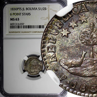 Bolivia Silver 1830 PTS JL 1/2 Sol NGC MS63 6 Stars 1 YEAR TYPE KM# 93.2a (037)