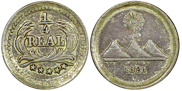Guatemala Silver 1891 1/4 Real  sun above 3 volcanoes Toned  KM# 158 (22 695)
