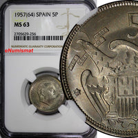 Spain Francisco Franco,Caudillo 1957(64) 5 Pesetas NGC MS63 TOP GRADED KM#786(6)