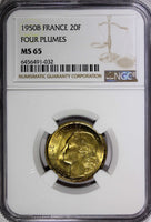 France 1950 20 Francs NGC MS65 4 plumes TOP GRADED BY NGC  KM# 916.2 (32)