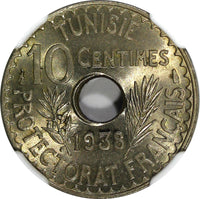 Tunisia AH1357 1938 10 Centimes  NGC MS66 GEM BU   KM# 259 (23)