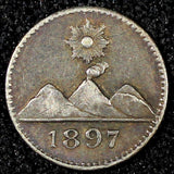 GUATEMALA Silver 1897 1/4 Real  Sun above 3 Volcanoes Toned KM# 162 (22 793)