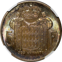 Monaco Silver 1966 5 Francs NGC MS65 TOP GRADED NICE RAINBOW TONED KM# 141 (23)