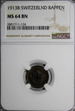 Switzerland Bronze 1913 B 1 Rappen NGC MS64 BN  HELVETIA KM# 3.2