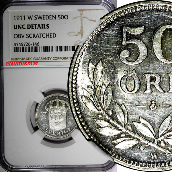 SWEDEN Gustaf V Silver 1911 W 50 Ore NGC UNC DET. 1ST DATE  SCARCE KM# 788 (146)