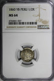 PERU Transitional Silver 1860 YB 1/2 Real NGC MS64 Toning.Luster KM# 180 (027)