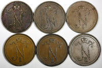FINLAND Nicholas II Copper LOT OF 6 COINS 1897-1916 10 Pennia KM#14 (17 214)