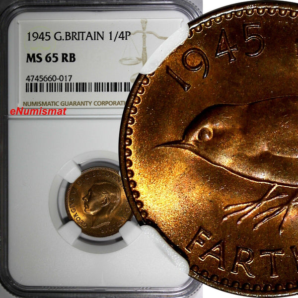 Great Britain George VI Bronze 1945 Farthing NGC MS65 RB RED TONING KM# 843 (7)