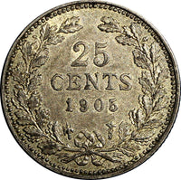 Netherlands Wilhelmina I Silver 1905 25 Cents Better Date Toned 19mm KM# 120.2