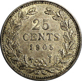 Netherlands Wilhelmina I Silver 1905 25 Cents Better Date Toned 19mm KM# 120.2