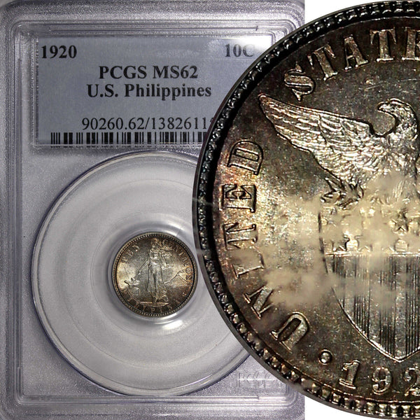 Philippines Silver 1920 10 Centavos PCGS MS62 Rainbow Toned SCARCE KM# 169 (115)