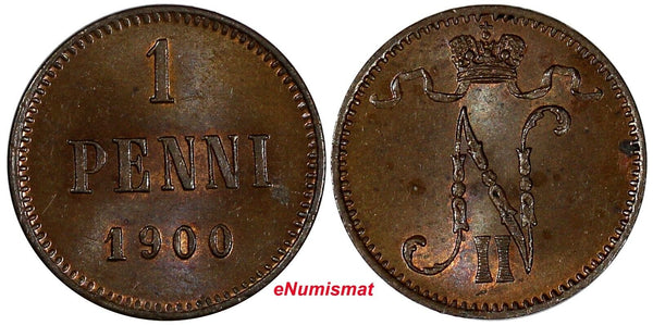 Finland Nicholas II Copper 1900 1 Penni UNC KM# 13 (432)