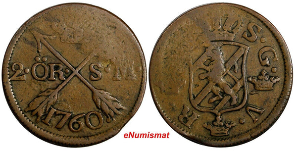 SWEDEN Adolf Frederick (1751-1771) 1760 S.M. 2 Ore Mintage-558,000 KM#461 (100)