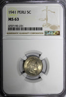 Peru 1941 5 Centavos NGC MS63 LAST YEAR TOP GRADED BY NGC KM# 213.2