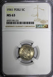 Peru 1941 5 Centavos NGC MS63 LAST YEAR TOP GRADED BY NGC KM# 213.2