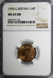 Great Britain George VI Bronze 1950 Farthing NGC MS65 RB  KM# 867