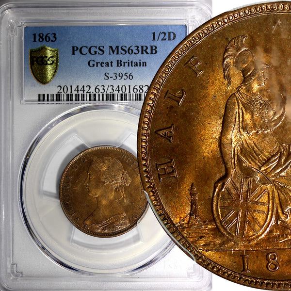 Great Britain Victoria 1863 1/2 Penny PCGS MS63 RB NICE RED TONED KM# 748.2 (22)