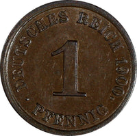 Germany - Empire Wilhelm II Copper 1900 J  1 Pfennig Hamburg Mint KM# 10 (190)