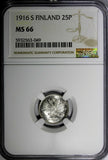 Finland Nicholas II Silver 1916 S 25 Pennia NGC MS66 GEM BU KM #6.2 (049)
